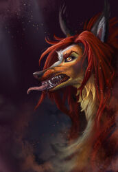  absurd_res ambiguous_gender anthro bodily_fluids canid cheek_tuft ear_tuft facial_tuft fangs fur glistening glistening_eyes hair hi_res himeragoldtail looking_at_viewer mammal neck_tuft open_mouth orange_body orange_eyes orange_fur pink_tongue pupils red_hair saliva saliva_on_tongue saliva_string slit_pupils solo teeth tongue tuft yellow_body yellow_fur 