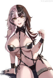  bikini black_bikini black_choker black_hair black_nails blush breasts choker cleavage color_connection cosplay eyepatch_bikini female flower_tattoo goddess_of_victory:_nikke grey_hair hair_color_connection hair_ornament highres hololive hololive_english large_breasts long_hair looking_at_viewer multicolored_hair navel official_alternate_costume open_mouth rosanna_(chic_ocean)_(nikke) rosanna_(nikke) rosanna_(nikke)_(cosplay) shiori_novella smile solo spiked_ear_piercing split-color_hair swimsuit tattoo thighs two-tone_hair vicarious virtual_youtuber white_hair yellow_eyes 