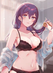  asahina_mafuyu bare_shoulders black_bra black_panties blue_eyes blurry blurry_background blush bow bow_bra bow_panties bra breasts brown_scrunchie cleavage collarbone curtains depth_of_field female grey_shirt groin hair_between_eyes hair_ornament hair_scrunchie hand_up highres indoors large_breasts long_hair long_sleeves looking_at_viewer navel off_shoulder panties parted_lips project_sekai puffy_long_sleeves puffy_sleeves purple_hair scrunchie shirt smile solo sorimachi-doufu sweat transparent underwear undressing window 