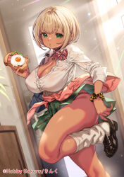  black_panties blonde_hair blush bread bread_slice breasts cardigan cardigan_around_waist cleavage clothes_around_waist collared_shirt dark-skinned_female dark_skin day doorway female food fried_egg fried_egg_on_toast green_eyes green_skirt gyaru heart heart_necklace highres indoors jewelry kink_(tortoiseshell) kogal large_breasts light_particles loafers looking_at_viewer loose_socks necklace official_art open_collar original panties panty_straps puckered_lips school_uniform scrunchie shirt shoes short_hair skirt socks solo standing standing_on_one_leg sunlight tan thighs toast underwear white_shirt wrist_scrunchie 