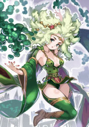  arm_up big_hair boots breasts brown_footwear cape circlet cleavage detached_sleeves eyelashes female final_fantasy final_fantasy_iv fingernails green_cape green_eyes green_hair green_leotard green_sleeves green_thighhighs hair_ornament hand_up high_heel_boots high_heels highres kuwango large_breasts leotard light_blush long_hair looking_at_viewer magic messy_hair nail_polish parted_lips pelvic_curtain red_nails rydia_(ff4) seiza sitting solo star_(symbol) star_hair_ornament star_print thighhighs thighs wide_sleeves 