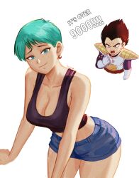  1boy absurdres aqua_hair artist_name bare_arms bare_shoulders black_hair black_tank_top blue_eyes blush breaking breasts bulma_briefs cleavage collarbone cropped_torso denim denim_shorts dragon_ball dragon_ball_z earrings english_commentary english_text female gloves highres it&#039;s_over_9000_(meme) jewelry large_breasts leaning_forward long_hair looking_at_viewer meme milestone_celebration monkey_tail open_mouth saiyan_armor scouter shibbunny short_hair short_shorts shorts simple_background smile solo_focus spiked_hair tail tank_top thighs vegeta white_background white_gloves widow&#039;s_peak 