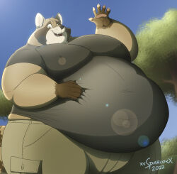  2022 anthro artist_name belly big_belly bottomwear brown_body brown_fur clothing digital_media_(artwork) fur gesture hi_res male mammal multicolored_body multicolored_fur obese obese_anthro obese_male open_mouth overweight overweight_anthro overweight_male pants plant procyonid raccoon short tree two_tone_body two_tone_fur waving waving_at_viewer whiskers xxsparcoxx 