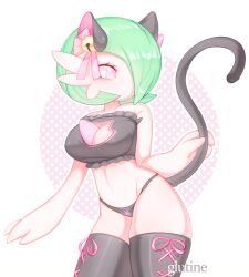  absurdres animal_ears artist_name bell black_panties black_thighhighs bob_cut breasts cat_ears cat_lingerie cat_tail cleavage cleavage_cutout clothing_cutout colored_skin ear_bell galutine gardevoir green_hair hair_over_one_eye highres meme_attire panties parted_lips pink_eyes pokemon pokemon_(creature) tail thighhighs underwear white_skin 