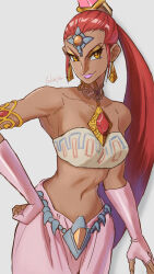  breasts chest_jewel dark-skinned_female dark_skin earrings elbow_gloves eyeshadow female fingerless_gloves floating_earring forehead_jewel gloves harem_pants highres jewelry long_hair makeup medium_breasts midriff nabooru navel pants ponytail red_hair smile solo strapless takapon-o-ji the_legend_of_zelda the_legend_of_zelda:_ocarina_of_time tube_top very_long_hair yellow_eyes 