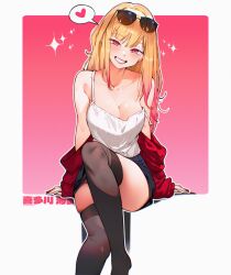  blonde_hair blush breasts cesar_art456 cleavage commission ear_piercing earrings female grin highres jewelry kitagawa_marin long_hair looking_at_viewer medium_breasts multicolored_hair piercing red_eyes sitting smile solo sono_bisque_doll_wa_koi_wo_suru 