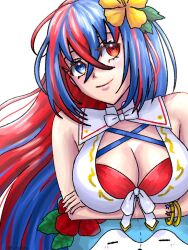  alear_(female)_(fire_emblem) alear_(female)_(seaside_dragon)_(fire_emblem) alear_(fire_emblem) arms_under_breasts ball bare_shoulders beachball blue_eyes blue_hair breasts character_ball cleavage crossed_arms crossed_bangs fire_emblem fire_emblem_engage fire_emblem_heroes flower hair_between_eyes hair_flower hair_ornament heterochromia large_breasts long_hair looking_at_viewer multicolored_hair official_alternate_costume red_eyes red_hair sera31066 smile sommie_(fire_emblem) twitter_username two-tone_hair upper_body very_long_hair white_background 