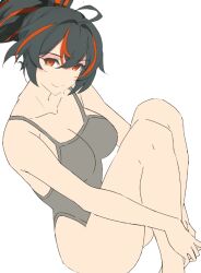  ahoge bare_shoulders black_hair female kili_kilio knees_up multicolored_hair orange_hair ponytail short_hair simple_background sitting solo spaghetti_strap streaked_hair thighs unfinished white_background zenless_zone_zero zhu_yuan 