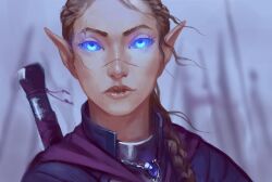  2017 blue_clothing blue_eyes blue_shirt blue_topwear blurred_background braided_hair brown_eyebrows brown_hair bust_portrait cape chirun clothing colored digital_media_(artwork) digital_painting_(artwork) elevia_verna_highblade elf eyebrow_scar eyebrows eyelashes facial_scar female flowing_hair glowing glowing_eyes hair hair_on_shoulder humanoid humanoid_pointy_ears jewelry light lighting lips long_hair looking_at_viewer mouth_closed necklace nose_scar not_furry outside portrait purple_cape purple_clothing scar shaded shirt solo tan_body tan_lips tan_skin topwear weapon weapon_on_back 