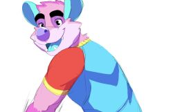  2023 american_opossum anthro biped blue_clothing blue_ears blue_shirt blue_tongue blue_topwear clothed clothing daire daire301 digital_media_(artwork) fur happy hi_res male mammal marsupial open_mouth open_smile pink_body pink_fur purple_nose red_clothing red_shirt red_topwear sharp_teeth shirt simple_background smile solo teeth tongue topwear virginia_opossum white_background 