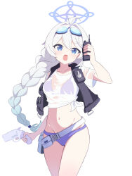  absurdres ahoge arm_up bikini black_vest blue_archive blue_eyes blue_komett braid commentary cowboy_shot crop_top english_commentary female finger_on_trigger goggles goggles_on_head gradient_hair green_hair groin gun hair_intakes halo handgun highres holding holding_gun holding_walkie-talkie holding_weapon kirino_(blue_archive) kirino_(swimsuit)_(blue_archive) long_hair looking_at_viewer multicolored_hair navel official_alternate_costume open_clothes open_mouth open_vest purple_bikini purple_halo see-through see-through_shirt shirt short_sleeves simple_background solo standing swimsuit tied_shirt vest walkie-talkie weapon white_background white_hair white_shirt 