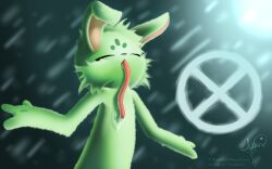  16:10 2024 ambiguous_gender anthro black_nose blue_background bodily_fluids closed_eyes colored digital_media_(artwork) digital_painting_(artwork) green_body green_ears hi_res long_tongue nyanfurry pink_tongue rain_world raining saint_(rain_world) saliva saliva_on_tongue shaded signature simple_background slugcat solo tan_inner_ear tongue tongue_out twitter_handle videocult widescreen 