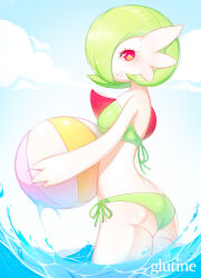  artist_name ass ball beachball bikini blue_sky blush bob_cut cloud colored_skin galutine gardevoir green_bikini green_hair hair_over_one_eye highres in_water looking_at_viewer parted_lips pink_eyes pokemon pokemon_(creature) sky swimsuit water white_skin 