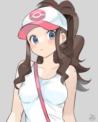  bare_shoulders baseball_cap between_breasts blue_eyes blush breasts brown_hair closed_mouth collarbone commentary_request female grey_background hat highres hilda_(pokemon) long_hair looking_at_viewer medium_breasts poke_ball_print pokemon pokemon_bw ponytail ririmon shirt sidelocks simple_background sleeveless sleeveless_shirt solo strap_between_breasts upper_body white_hat white_shirt 