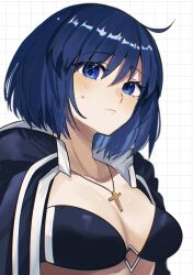  710_ao bikini black_bikini black_jacket blue_eyes blue_hair blush breasts c.i.e.l_(fate) ciel_(tsukihime) cleavage closed_mouth cropped_jacket cross cross_necklace fate/grand_order fate_(series) female highres hood hood_down hooded_jacket jacket jewelry large_breasts latin_cross looking_at_viewer necklace official_alternate_costume short_hair solo sweatdrop swimsuit tsukihime tsukihime_(remake) white_background 