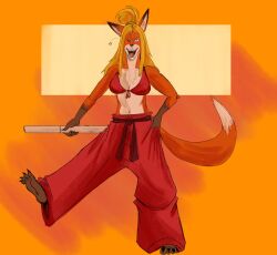  anthro blonde_hair bottomwear bra breasts brown_body brown_fur canid canine clothing clothing_grab colored fangs female fox fur hair hi_res holding_breast katana mammal melee_weapon one_eye_closed open_mouth orange_body orange_fur oversized_bottomwear oversized_clothing oversized_pants pants red_clothing solo sword tamamo_the_terrible tan_body tan_fur teeth underwear weapon wink zac_impact 