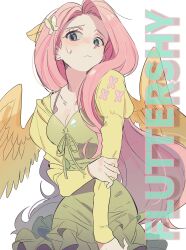  animal_ears aqua_eyes blush breasts butterfly_hair_ornament cardigan character_name cleavage commentary_request cutie_mark dress extra_ears feathered_wings female fluttershy_(mlp) green_dress hair_ornament highres horse_ears horse_girl korean_commentary long_hair looking_at_viewer memoji_7672 my_little_pony my_little_pony:_friendship_is_magic personification pink_hair shy solo white_background wings yellow_cardigan 