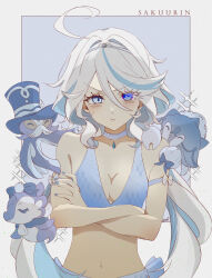  absurdres ahoge artist_name bikini blue_bikini blue_eyes blue_hair bow choker crab drop-shaped_eyelashes female fish furina_(genshin_impact) genshin_impact gentilhomme_usher hair_between_eyes hat heterochromia highres light_blue_hair long_hair looking_at_viewer mademoiselle_crabaletta mismatched_pupils multicolored_hair octopus sakuurin seahorse streaked_hair surintendante_chevalmarin swimsuit top_hat 