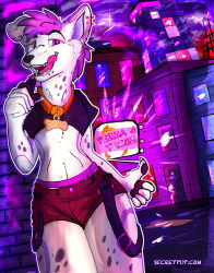  anthro athletic belly bone bottomwear building canid canine city clothing collar crop_top dark fast female female/female feminine food gesture glowing hand_gesture hi_res invalid_tag leaning licking lights mammal night nightime piercing pizza pointing riding_crop secretpup shirt shorts sign solo star streetwear tacos techwear tongue top_(disambiguation) topwear vape vaping whip 