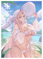  absurdres azur_lane beach biganbanani bikini blue_eyes blush border breasts character_name closed_mouth cross cross_necklace eagle_union_(emblem) female flower frilled_bikini frills groin hand_up hat hat_flower highres huge_breasts jewelry large_hat long_hair looking_at_viewer navel necklace official_alternate_costume outside_border parted_bangs sand smile solo stomach sun_hat swimsuit very_long_hair water wet white_bikini white_border white_flower white_hair white_hat yorktown_(azur_lane) yorktown_ii_(azur_lane) yorktown_ii_(bright-sky_mermaid)_(azur_lane) 