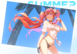  absurdres alternate_hairstyle arknights bikini bikini_under_clothes black_gloves breasts choker demon_horns female flower gloves hair_flower hair_intakes hair_ornament highres horns lunn medium_breasts navel o-ring o-ring_bikini o-ring_bottom palm_tree purple_eyes red_hair shirt single_bare_shoulder single_glove single_off_shoulder spiked_choker spikes surtr_(arknights) swimsuit tied_shirt tree twintails white_shirt 