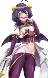  absurdres ahoge black_hair black_nails black_wings blush breasts bridal_gauntlets corset cross-shaped_pupils demon_wings facial_tattoo fangs female highres low_wings magia_baiser mahou_shoujo_ni_akogarete medium_breasts medium_hair navel pantyhose pasties purple_bridal_gauntlets purple_corset purple_pantyhose revealing_clothes simple_background solo sora-wo-tomo symbol-shaped_pupils tattoo upper_body wand white_background wings yellow_eyes 