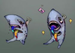  black_eyes blood blood_from_eyes chinese_commentary commentary_request crying crying_with_eyes_open extra_mouth food food_wrapper fruit gradient_background grapes grey_background lobotomy_corporation long_tongue looking_at_food monster motion_lines multicolored_tongue no_humans project_moon rainbow_gradient sad shark sharp_teeth sitting snack sparkle sparkling_eyes tears teeth the_dreaming_current tongue yichen_wendy 