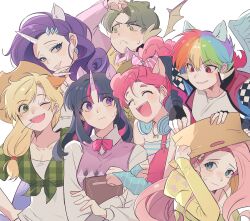  1boy 6+girls alternate_hair_length alternate_hairstyle animal_ears applejack_(mlp) aqua_eyes blonde_hair blue_eyes blue_hair blush bow bowtie breasts cleavage commentary_request cutie_mark dragon_boy everyone fluttershy_(mlp) freckles green_eyes highres horns horse_ears horse_girl jacket korean_commentary long_hair memoji_7672 multicolored_hair multiple_girls my_little_pony my_little_pony:_friendship_is_magic one_eye_closed open_clothes open_jacket open_mouth personification pink_hair pinkie_pie_(mlp) purple_eyes purple_hair rainbow_dash_(mlp) rainbow_hair rarity_(my_little_pony) red_eyes shirt short_hair shy single_horn spike_(my_little_pony) streaked_hair twilight_sparkle_(mlp) unicorn_girl vest white_background 