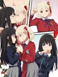  ! 2girls black_hair blonde_hair blue_dress blue_ribbon closed_eyes closed_mouth commentary dress food french_kiss fruit highres holding_hands inoue_takina kissing long_hair lycoris_recoil lycoris_uniform multiple_girls neck_ribbon nishikigi_chisato parted_lips purple_eyes red_dress ribbon saint_laurent_paris smile strawberry sweatdrop tongue wiping_mouth yuri 