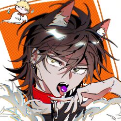  2boys alternate_eye_color animal_ear_fluff animal_ears atou_haruki black_shirt blonde_hair brown_hair candy chain_leash chains chibi chinese_commentary chromatic_aberration closed_eyes collar commentary_request earclip film_grain food food_in_mouth fur_trim hair_between_eyes highres isoi_reiji kemonomimi_mode leash lollipop male_focus multiple_boys open_mouth portrait red_collar saibou_shinkyoku sanpaku shirt short_hair slit_pupils tongue tongue_out wolf_boy wolf_ears yang_ba_gao_zi yellow_eyes 