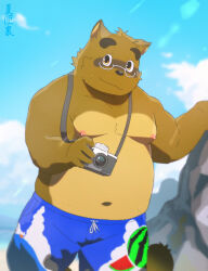  2024 anthro belly bottomwear brown_body camera canid canine clothing cloud detailed_background eyewear glasses hi_res kemono kounosuke_(morenatsu) male mammal moobs morenatsu natsuhakoura navel nipples outside overweight overweight_male raccoon_dog shorts solo swimwear tanuki 