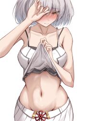  bare_shoulders blush breasts camisole camisole_lift clothes_lift collarbone covering_face embarrassed female full-face_blush grey_hair groin highres lifting_own_clothes looking_down medium_breasts midriff mio_(xenoblade) navel okazu2010015 short_hair simple_background skirt solo stomach white_background white_skirt xenoblade_chronicles_(series) xenoblade_chronicles_3 yellow_eyes 