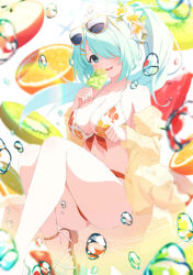  aoi_thomas apple apple_slice bare_shoulders bikini blue_archive blue_eyes blue_hair blush breasts cleavage clenched_hand dot_nose eyewear_on_head female floral_print flower food fruit hair_flower hair_ornament hair_over_one_eye hairpin hand_up highres hiyori_(blue_archive) hiyori_(swimsuit)_(blue_archive) holding holding_food holding_popsicle jacket kiwi_(fruit) kiwi_slice knees_up large_breasts long_hair looking_at_viewer open_clothes open_jacket orange_(fruit) orange_bikini orange_slice ponytail popsicle sandals sitting solo straight_hair sunglasses swimsuit water water_drop white_flower x_hair_ornament yellow_jacket 