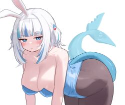  alternate_breast_size alternate_costume animal_ears bare_shoulders bent_over blue_eyes blue_hair blue_leotard blunt_bangs blush breasts cleavage commentary deaver fake_animal_ears female fins fish_tail gawr_gura highres hololive hololive_english large_breasts leotard looking_at_viewer medium_hair multicolored_hair pantyhose rabbit_ears shark_girl shark_tail simple_background solo strapless strapless_leotard streaked_hair tail two_side_up white_background white_hair 