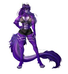  abs absurd_res anthro bottomwear bra canid canine canis clothing felid female fur galdway hi_res horn hotpants iris_grim lime_eyes lycafel mammal muscular muscular_female prehistoric_species purple_body purple_fur saber-toothed_tiger shorts solo spiked_bra spikes underwear wolf 