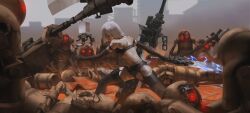  a2_(nier:automata) absurdres android blue_eyes chain-link_fence drone elbow_gloves english_commentary female fence fighting garter_straps gloves hair_over_one_eye highres holding holding_sword holding_weapon joints mole mole_under_mouth nier:automata nier_(series) pod_(nier:automata) robot robot_joints short_hair short_shorts shorts sports_bra sword thighhighs weapon white_hair x37tc 