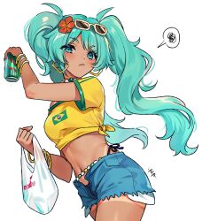  absurdres aqua_eyes aqua_hair bag bikini bikini_under_clothes brazilian_flag brazilian_miku can commentary cowboy_shot crop_top cutoffs dark_skin denim denim_shorts earrings female flower hair_flower hair_ornament hatsune_miku highres holding holding_bag holding_can jewelry looking_at_viewer midriff mixed-language_commentary navel open_clothes open_shorts plastic_bag red_flower shirt short_shorts short_sleeves shorts solo spoken_squiggle squiggle standing stomach swimsuit tan tanlines twintails vocaloid yaya_chan yellow_shirt 