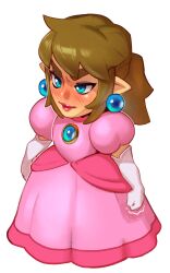  1boy absurdres blue_eyes blush brown_hair combos_&amp;_doodles cosplay crossdressing dress earrings elbow_gloves full_body gloves highres jewelry link long_dress long_hair mario_(series) pink_dress pointy_ears princess_peach princess_peach_(cosplay) puffy_short_sleeves puffy_sleeves short_sleeves simple_background solo sphere_earrings super_mario_rpg the_legend_of_zelda white_background white_gloves 