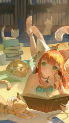  ahoge animal arknights bare_shoulders barefoot blush book book_stack closed_mouth dress earrings feet feline female full_body green_dress green_eyes highres holding holding_book indoors jewelry legs_up light_particles long_hair looking_at_viewer lying making-of_available mi_nuo_li_luo_nan on_floor on_stomach open_book orange_hair papyrus_(arknights) petting smile solo sunlight the_pose toes 