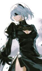  2b_(nier:automata) black_blindfold black_hairband blindfold breasts cleavage cleavage_cutout clothing_cutout covered_eyes feather-trimmed_sleeves female hairband highres juliet_sleeves lack_sikio long_sleeves mole mole_under_mouth nier:automata nier_(series) puffy_sleeves short_hair solo white_background white_hair 