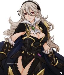  absurdres armor armored_leotard ascot black_armor black_hairband blue_cape breasts cape cleavage closed_mouth corrin_(female)_(fire_emblem) corrin_(female)_(nohr_noble)_(fire_emblem) corrin_(fire_emblem) female fire_emblem fire_emblem_fates gloves grey_hair hair_between_eyes hair_ornament hairband highres large_breasts leotard long_hair looking_at_viewer official_alternate_costume pointy_ears red_eyes sierra117renner simple_background solo thighhighs white_background 