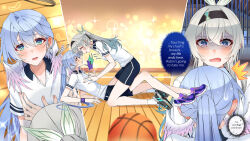  2girls ball basketball_(object) black-footed_cat black_hairband black_shorts blue_eyes blue_hair blush breasts commentary contemporary ear_blush english_commentary english_text firefly_(honkai:_star_rail) grabbing_another&#039;s_breast gradient_hair green_eyes groping gym gym_uniform hairband halo head_wings highres honkai:_star_rail honkai_(series) long_hair medium_breasts mind_reading multicolored_hair multiple_girls parted_lips purple_footwear robin_(honkai:_star_rail) shirt shoes short_sleeves shorts sieka_(piiroinardesco) sneakers speech_bubble straddling sweat thought_bubble two-tone_eyes white_shirt wings yuri 