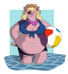  2022 anthro ball beach_ball belly bent_leg big_belly big_breasts black_bottomwear black_clothing black_skirt blonde_hair blue_clothing blue_shirt blue_topwear bottomwear breasts brown_clothing brown_hat brown_headwear ch chubby_cheeks cleavage closed_eyes clothed clothing colored cowboy_hat curled_tail digital_drawing_(artwork) digital_media_(artwork) domestic_pig ear_piercing ear_ring female front_view gold_ear_ring hair hand_on_hip hat headgear headwear hi_res holding_beach_ball inflatable kerchief mammal multicolored_body multicolored_skin neckerchief notched_ear obese obese_anthro obese_female overweight overweight_anthro overweight_female partially_submerged pattern_clothing pattern_shirt pattern_topwear piercing pink_body pink_kerchief pink_neckerchief pink_skin pink_tail plaid plaid_clothing plaid_shirt plaid_topwear ring_piercing roxanne_(spidersoda) shaded shirt simple_background simple_shading skirt solo suid suina sus_(pig) tail theannoyingnpc thick_thighs thin_eyebrows tied_shirt toothy_grin topwear two_tone_body two_tone_skin two_tone_tail 