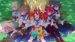  5girls animal_ears blue_eyes blue_hair breasts brown_hair ceres_fauna ceres_fauna_(1st_costume) chain_headband chains cleavage green_hair hair_ornament hakos_baelz hakos_baelz_(1st_costume) highres holocouncil hololive hololive_english horns irys_(hololive) irys_(irys_2.0)_(hololive) large_breasts long_hair medium_breasts mouse_ears mouse_girl mr._squeaks_(hakos_baelz) multicolored_hair multiple_girls nanashi_mumei nanashi_mumei_(1st_costume) official_art ouro_kronii ouro_kronii_(1st_costume) red_hair short_hair smile streaked_hair twintails virtual_youtuber 