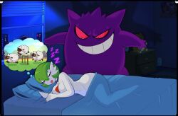  colored_sclera dreaming gardevoir gengar green_hair grin highres indoors looking_at_another lying night on_bed on_side pillow pokemon pokemon_(creature) red_sclera shadman sleeping smile tongue tongue_out wooloo zzz 