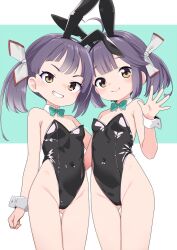  2girls alternate_costume animal_ears aqua_bow aqua_bowtie arm_at_side ass_visible_through_thighs bare_shoulders black_leotard blush bow bowtie closed_mouth commentary covered_navel cowboy_shot detached_collar fake_animal_ears fujinami_(kancolle) grin groin hayanami_(kancolle) highleg highleg_leotard kantai_collection leotard looking_at_viewer medium_hair multiple_girls nassukun paid_reward_available playboy_bunny purple_hair rabbit_ears side-by-side simple_background smile strapless strapless_leotard tareme thigh_gap traditional_bowtie waving wrist_cuffs yellow_eyes 