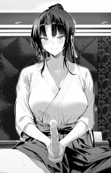  absurdres blush breasts cleavage collarbone female greyscale hair_ribbon hakama hakama_skirt highres hiiragi_yuuichi japanese_clothes large_breasts long_hair long_sleeves looking_at_viewer monochrome original ponytail ribbon sex shinai skirt sweat sword weapon 