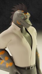  3d_(artwork) anthro blender_cycles clothing crescentpapermoon digital_media_(artwork) echo_(game) echo_(series) echo_project flynn_moore gila_monster helodermatid hi_res humanoid lizard looking_at_viewer male markings pose reptile scalie shirt solo topwear unbuttoned_shirt 