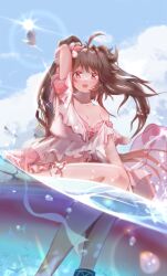  :d absurdres animal animal_ears arknights arm_up beach bikini bird blue_sky breasts bridal_garter brown_hair brown_horns caustics chinese_commentary cleavage cloud commentary_request curled_horns day eyjafjalla_(arknights) eyjafjalla_(summer_flower)_(arknights) feet_out_of_frame female frilled_bikini frills hailan_7 highres horns innertube lens_flare light_rays long_hair looking_at_viewer medium_breasts ocean official_alternate_costume open_mouth outdoors pink_bikini pink_eyes plaid_bikini plaid_clothes sitting sky smile solo sun sunlight swim_ring swimsuit swimsuit_cover-up water water_drop wet wind 