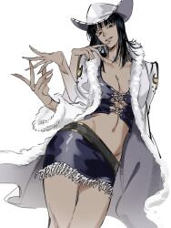  absurdres blue_eyes blue_hair blunt_bangs coat cowboy_hat cowboy_shot crop_top cross-laced_clothes cross-laced_top extra_arms female fovopobo fur-trimmed_coat fur_trim hat highres looking_at_viewer medium_hair miniskirt navel nico_robin one_piece purple_shirt purple_skirt shirt simple_background skirt smile solo white_background white_coat white_hat 